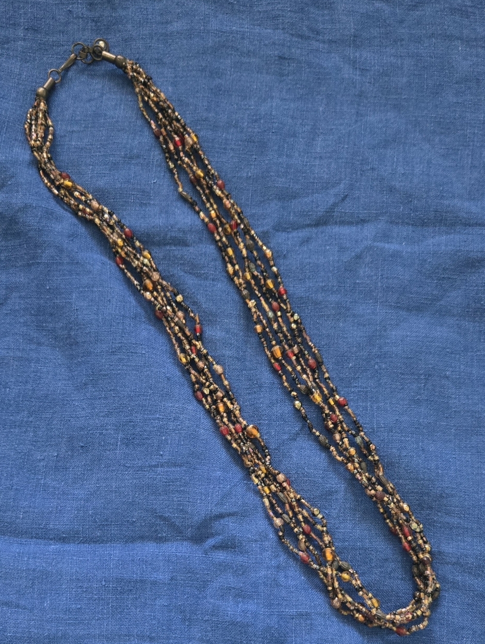 Multi-Strand Glass Seed Bead Necklace, Earthy Brown Amber Red, Bohemian Layered